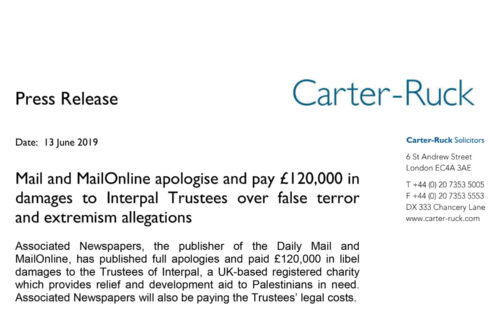 Mail and MailOnline apologise and pay £120,000 in damages to Interpal Trustees over false terror and extremism allegations